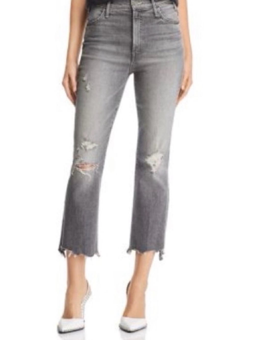 MOTHER Gray High-Rise Cropped Distressed Jeans